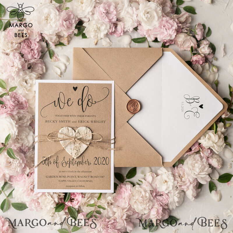 Vintage Wooden Wedding Invitations, Elegant Birch Heart Wedding Cards, Bespoke Eco Paper Wedding Invites, Handmade Wedding Stationery-18