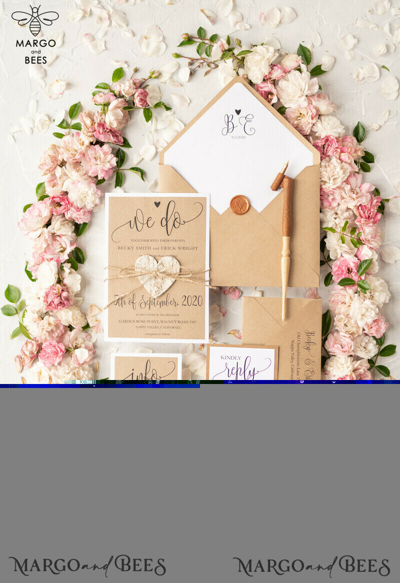 Vintage Wooden Wedding Invitations, Elegant Birch Heart Wedding Cards, Bespoke Eco Paper Wedding Invites, Handmade Wedding Stationery-2