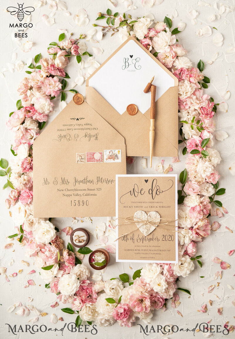 Vintage Wooden Wedding Invitations, Elegant Birch Heart Wedding Cards, Bespoke Eco Paper Wedding Invites, Handmade Wedding Stationery-5