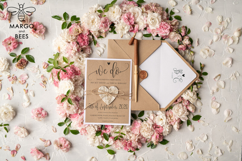 Vintage Wooden Wedding Invitations, Elegant Birch Heart Wedding Cards, Bespoke Eco Paper Wedding Invites, Handmade Wedding Stationery-6