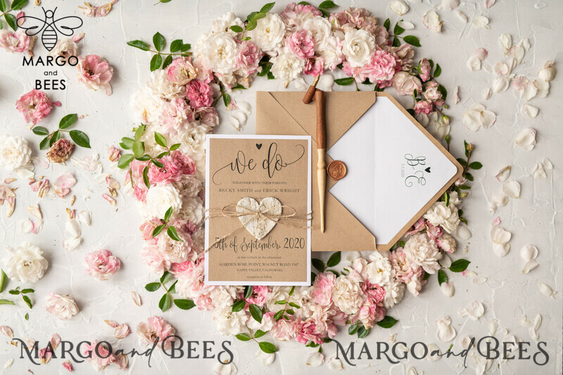 Vintage Wooden Wedding Invitations, Elegant Birch Heart Wedding Cards, Bespoke Eco Paper Wedding Invites, Handmade Wedding Stationery-9