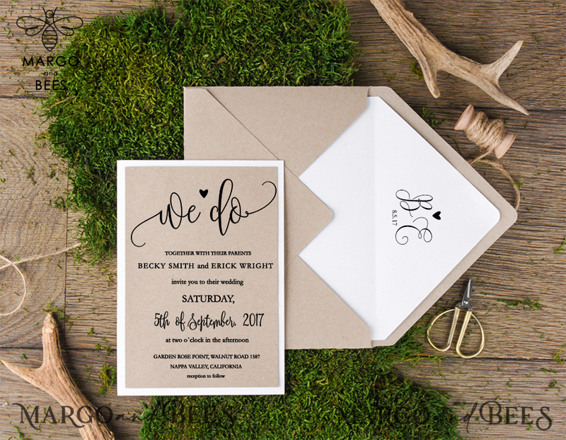  Delicate And Handmade Wedding Invitations, Affordable Wedding Invites With Birch Heart, Minimalistic Wedding Invitation Suite, Modern Wedding Stationery-2