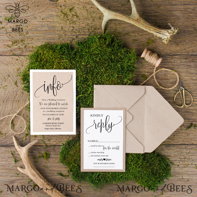  Delicate And Handmade Wedding Invitations, Affordable Wedding Invites With Birch Heart, Minimalistic Wedding Invitation Suite, Modern Wedding Stationery-3