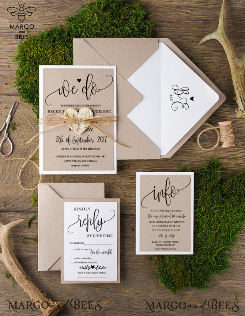 Cheap Rustic Wedding invitations Eco Craft Minimalist Stationery We Do Romantic Suite with Wooden Heart and Twine Bow-0