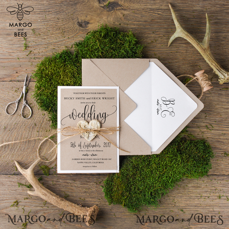 Rustic Wedding Invitation Suite We Do Personalized Invitations Craft Paper Wooden Heart Invites with Monogram Envelope Liner-1