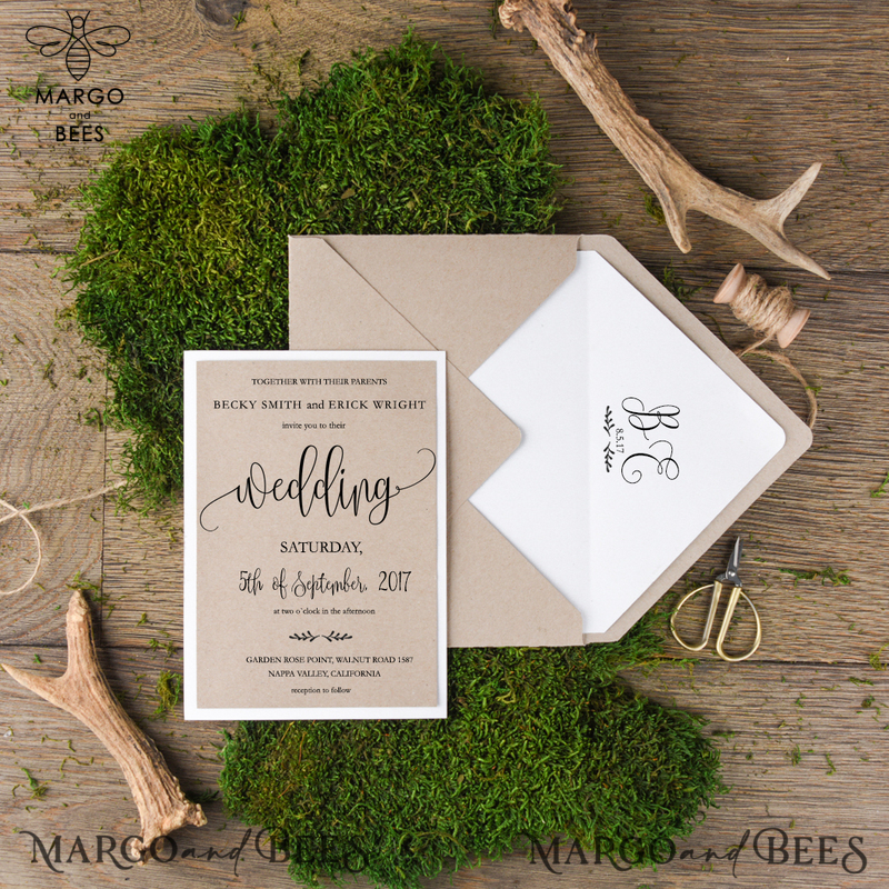 Rustic Wedding Invitation Suite We Do Personalized Invitations Craft Paper Wooden Heart Invites with Monogram Envelope Liner-2