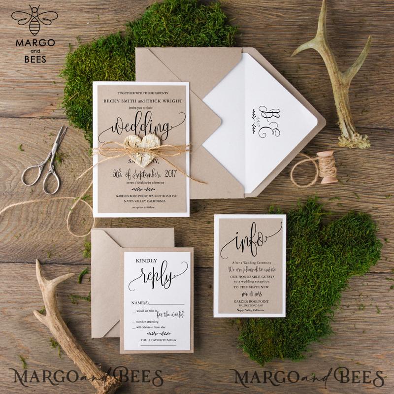 Rustic Wedding Invitation Suite We Do Personalized Invitations Craft Paper Wooden Heart Invites with Monogram Envelope Liner-0