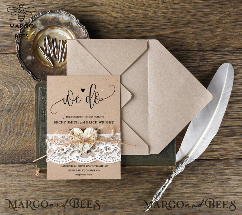  Delicate Lace Wedding Invitations, Elegant Handmade Wedding Invites, Affordable Wedding Cards With Birch Heart, Minimalistic Wedding Stationery-2