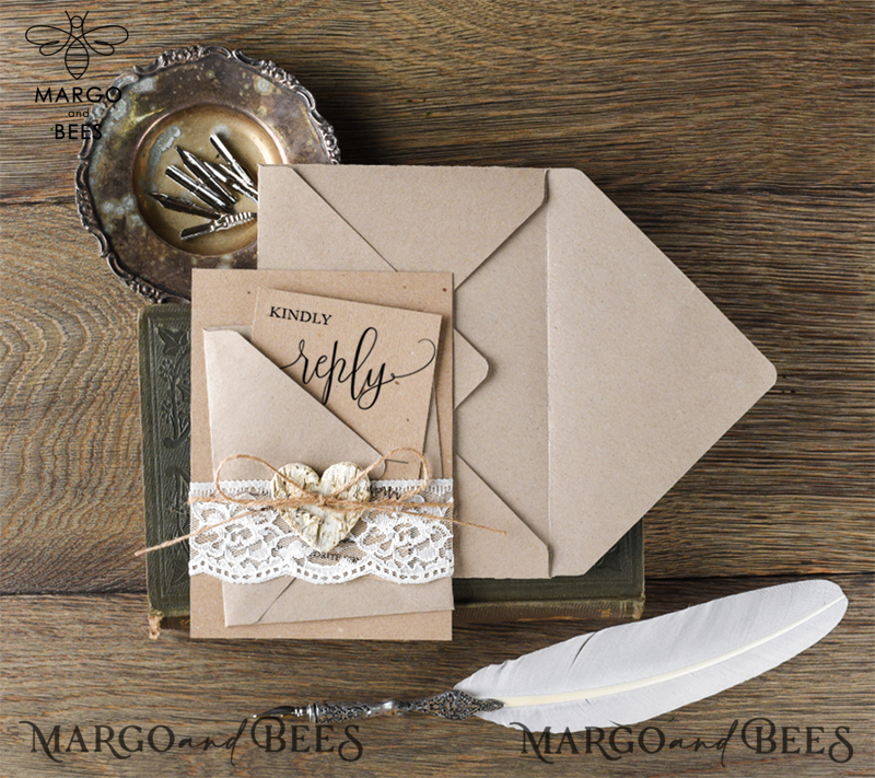  Delicate Lace Wedding Invitations, Elegant Handmade Wedding Invites, Affordable Wedding Cards With Birch Heart, Minimalistic Wedding Stationery-3
