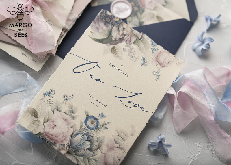 Elegant Vintage Floral Wedding Invitations with a Touch of Minimalistic Pink and Delicate Royal Navy Design, Enhanced with Hand Dyed Ribbon: Introducing Our Exquisite Handmade Wedding Stationery-13