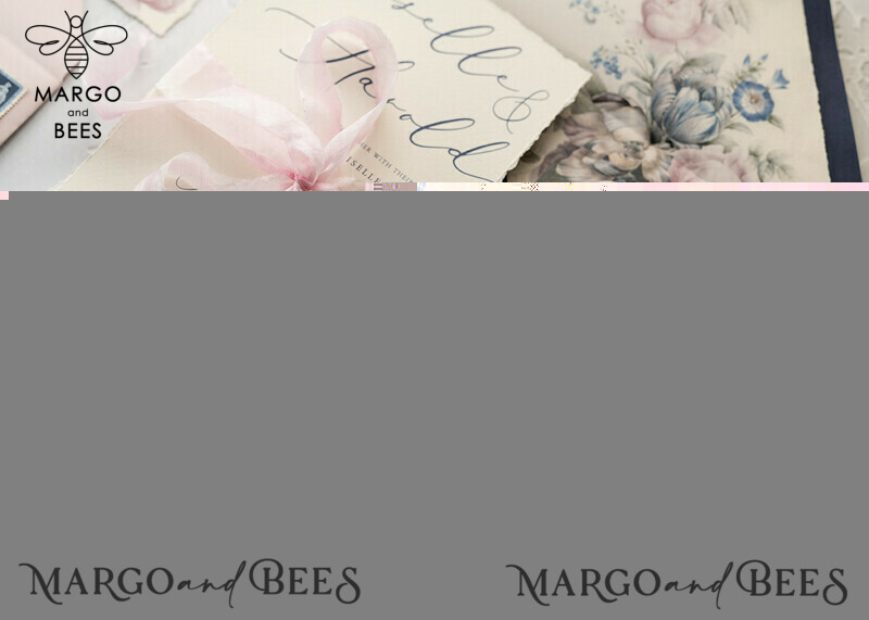  Vintage Floral Wedding Invitations, Minimalistic Pink Wedding Invites, Delicate Royal Navy Wedding Cards With Hand Dyed Ribbon, Handmade Wedding Stationery-15