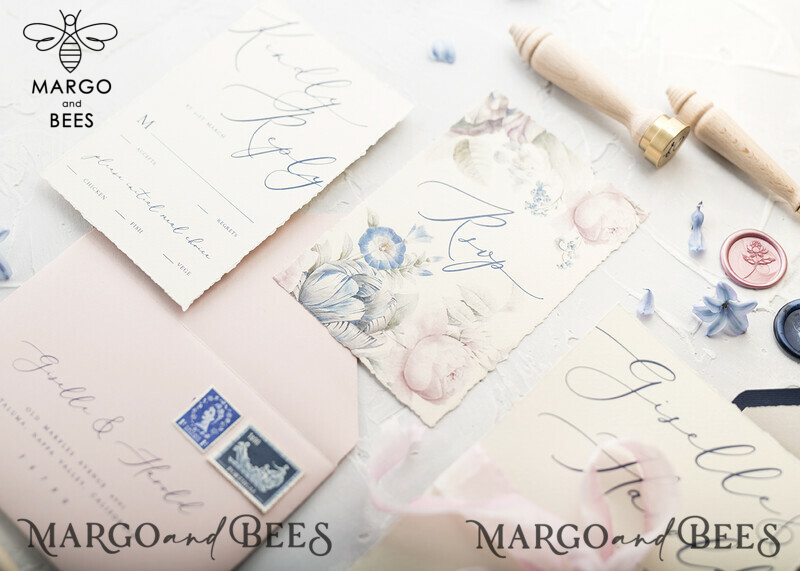 Elegant Vintage Floral Wedding Invitations with a Touch of Minimalistic Pink and Delicate Royal Navy Design, Enhanced with Hand Dyed Ribbon: Introducing Our Exquisite Handmade Wedding Stationery-16