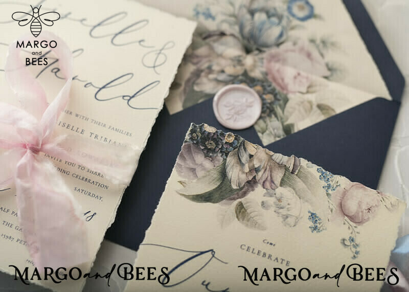 Elegant Vintage Floral Wedding Invitations with Minimalistic Pink Design and Hand Dyed Ribbon: Exquisite Handmade Wedding Stationery in Delicate Royal Navy-18