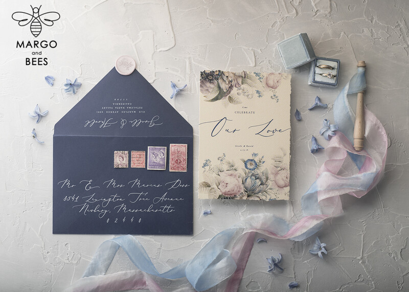  Vintage Floral Wedding Invitations, Minimalistic Pink Wedding Invites, Delicate Royal Navy Wedding Cards With Hand Dyed Ribbon, Handmade Wedding Stationery-19