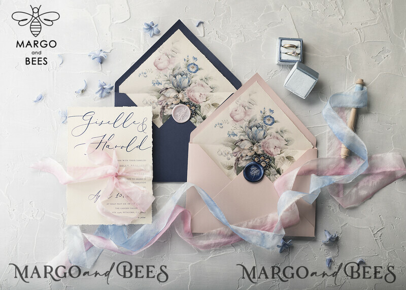 Elegant Vintage Floral Wedding Invitations with a Touch of Minimalistic Pink and Delicate Royal Navy Design, Enhanced with Hand Dyed Ribbon: Introducing Our Exquisite Handmade Wedding Stationery-2