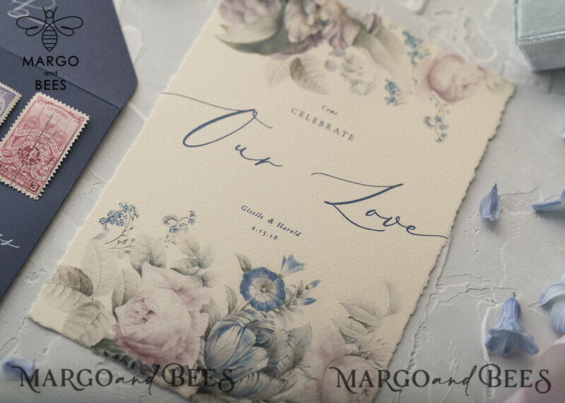 Elegant Vintage Floral Wedding Invitations with Minimalistic Pink Design and Hand Dyed Ribbon: Exquisite Handmade Wedding Stationery in Delicate Royal Navy-20
