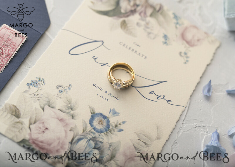  Vintage Floral Wedding Invitations, Minimalistic Pink Wedding Invites, Delicate Royal Navy Wedding Cards With Hand Dyed Ribbon, Handmade Wedding Stationery-21