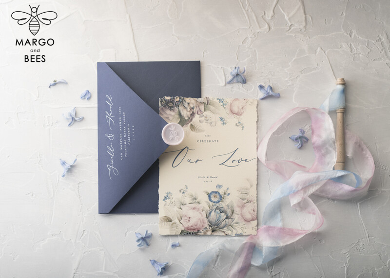 Elegant Vintage Floral Wedding Invitations with Minimalistic Pink Design and Hand Dyed Ribbon: Exquisite Handmade Wedding Stationery in Delicate Royal Navy-23