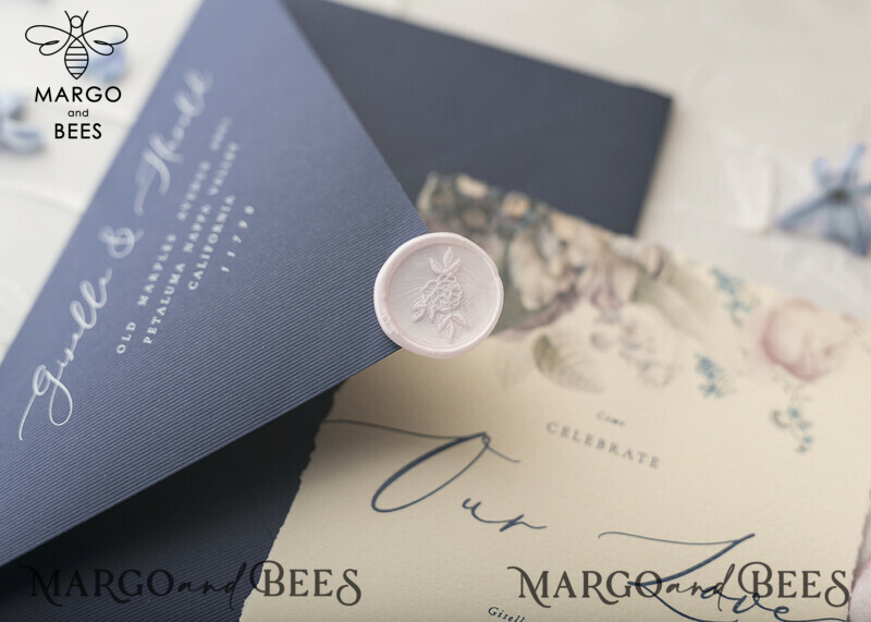 Elegant and Timeless: Vintage Floral Wedding Invitations with a Minimalistic Pink Touch
A Touch of Royalty: Delicate Royal Navy Wedding Cards with Hand Dyed Ribbon
Exquisite Handmade Wedding Stationery: Vintage Floral Invites with a Modern Twist-24