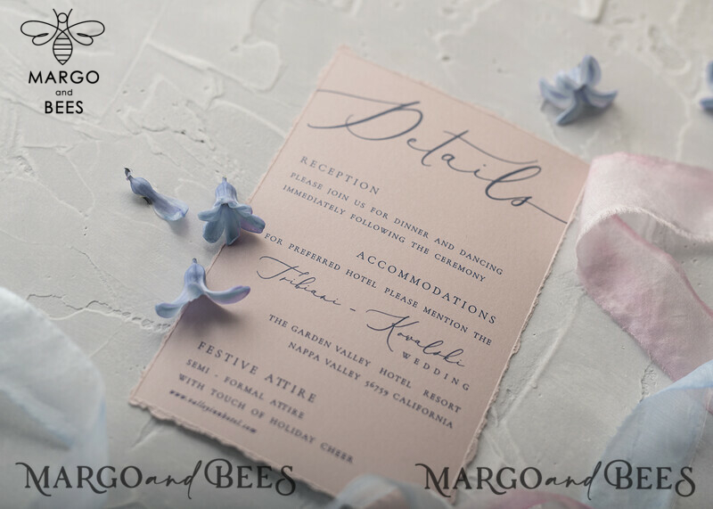 Elegant Vintage Floral Wedding Invitations with Minimalistic Pink Design and Delicate Royal Navy Wedding Cards Adorned with Hand Dyed Ribbon: Exquisite Handmade Wedding Stationery-27