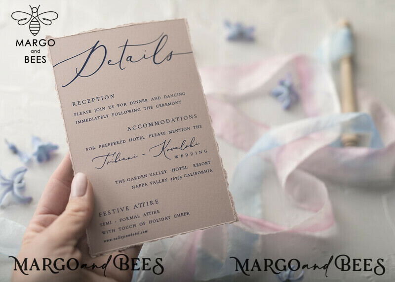 Elegant Vintage Floral Wedding Invitations with a Touch of Minimalistic Pink and Delicate Royal Navy Design, Enhanced with Hand Dyed Ribbon: Introducing Our Exquisite Handmade Wedding Stationery-28