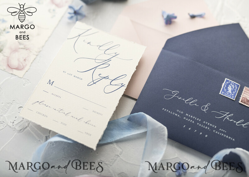 Elegant and Timeless: Vintage Floral Wedding Invitations with a Minimalistic Pink Touch
A Touch of Royalty: Delicate Royal Navy Wedding Cards with Hand Dyed Ribbon
Exquisite Handmade Wedding Stationery: Vintage Floral Invites with a Modern Twist-29