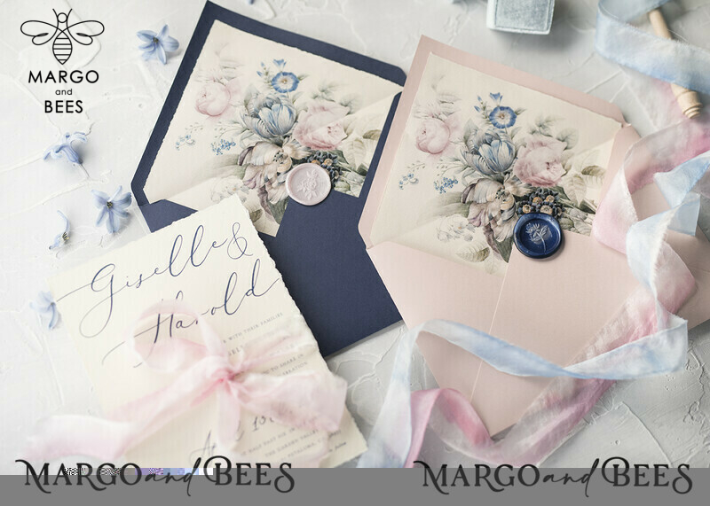 Elegant Vintage Floral Wedding Invitations with Minimalistic Pink Design and Hand Dyed Ribbon: Exquisite Handmade Wedding Stationery in Delicate Royal Navy-3