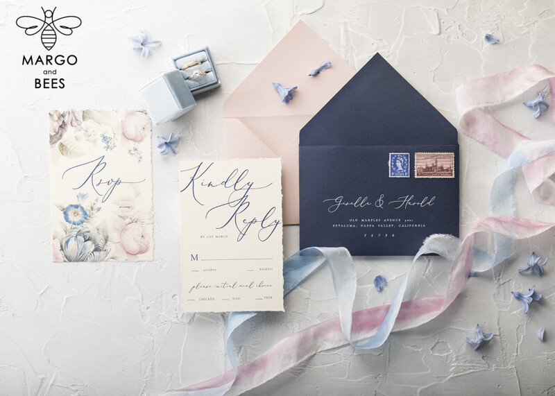  Vintage Floral Wedding Invitations, Minimalistic Pink Wedding Invites, Delicate Royal Navy Wedding Cards With Hand Dyed Ribbon, Handmade Wedding Stationery-30