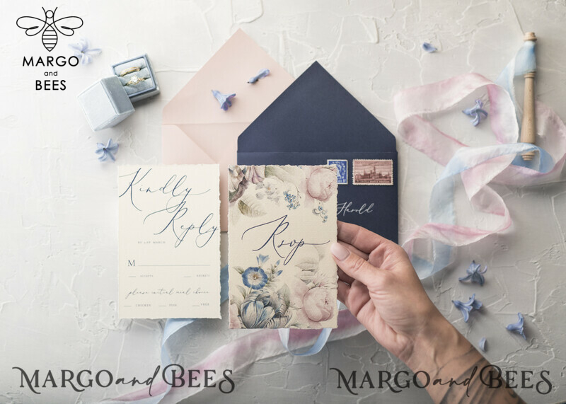  Vintage Floral Wedding Invitations, Minimalistic Pink Wedding Invites, Delicate Royal Navy Wedding Cards With Hand Dyed Ribbon, Handmade Wedding Stationery-31