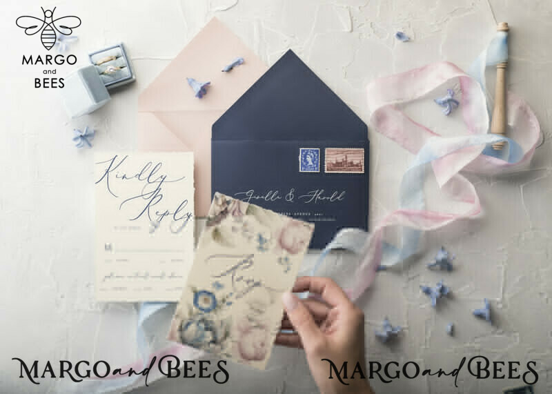 Blossom Personalized Wedding iInvitations Fine Art Stationery with Vintage Illustration silk Bow Navy or Blush Pink Envelope-32