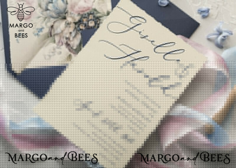 Elegant Vintage Floral Wedding Invitations with a Touch of Minimalistic Pink and Delicate Royal Navy Design, Enhanced with Hand Dyed Ribbon: Introducing Our Exquisite Handmade Wedding Stationery-35