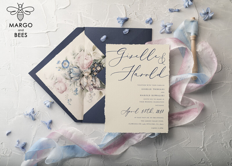 Elegant Vintage Floral Wedding Invitations with Minimalistic Pink Design and Hand Dyed Ribbon: Exquisite Handmade Wedding Stationery in Delicate Royal Navy-37