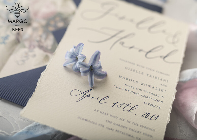  Vintage Floral Wedding Invitations, Minimalistic Pink Wedding Invites, Delicate Royal Navy Wedding Cards With Hand Dyed Ribbon, Handmade Wedding Stationery-38
