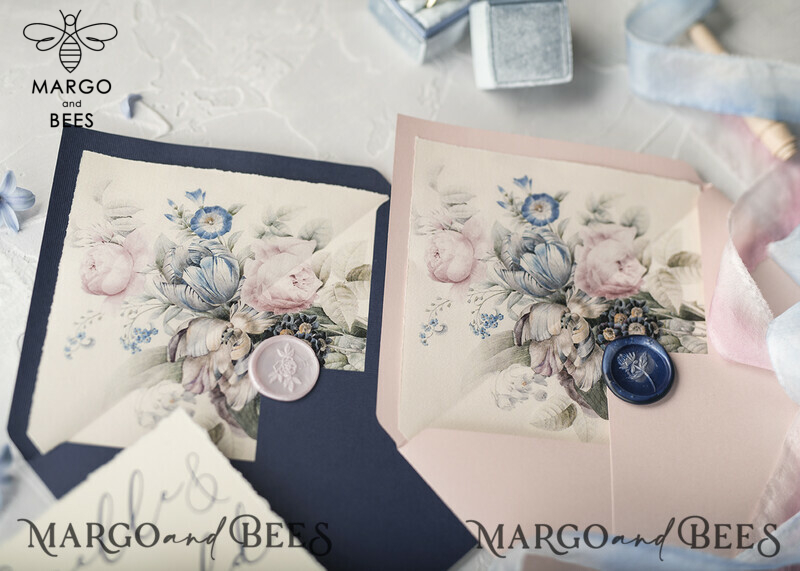 Elegant and Timeless: Vintage Floral Wedding Invitations with a Minimalistic Pink Touch
A Touch of Royalty: Delicate Royal Navy Wedding Cards with Hand Dyed Ribbon
Exquisite Handmade Wedding Stationery: Vintage Floral Invites with a Modern Twist-4