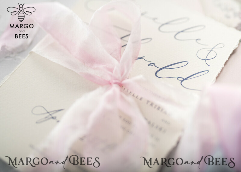  Vintage Floral Wedding Invitations, Minimalistic Pink Wedding Invites, Delicate Royal Navy Wedding Cards With Hand Dyed Ribbon, Handmade Wedding Stationery-40
