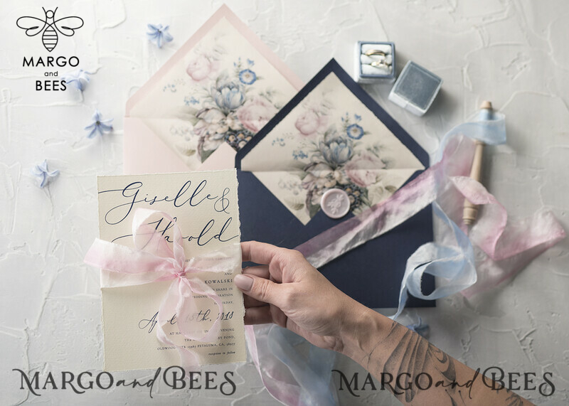  Vintage Floral Wedding Invitations, Minimalistic Pink Wedding Invites, Delicate Royal Navy Wedding Cards With Hand Dyed Ribbon, Handmade Wedding Stationery-41
