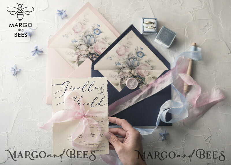  Vintage Floral Wedding Invitations, Minimalistic Pink Wedding Invites, Delicate Royal Navy Wedding Cards With Hand Dyed Ribbon, Handmade Wedding Stationery-42