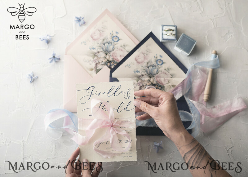  Vintage Floral Wedding Invitations, Minimalistic Pink Wedding Invites, Delicate Royal Navy Wedding Cards With Hand Dyed Ribbon, Handmade Wedding Stationery-43