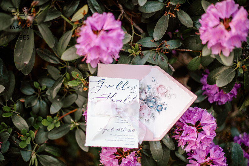  Vintage Floral Wedding Invitations, Minimalistic Pink Wedding Invites, Delicate Royal Navy Wedding Cards With Hand Dyed Ribbon, Handmade Wedding Stationery-44