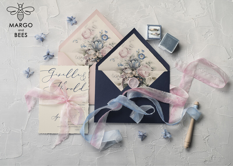 Elegant Vintage Floral Wedding Invitations with Minimalistic Pink Design and Delicate Royal Navy Wedding Cards Adorned with Hand Dyed Ribbon: Exquisite Handmade Wedding Stationery-0