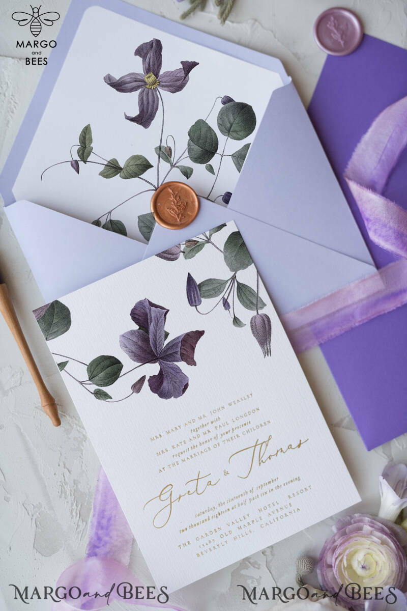 Elegant Personalized Wedding Invitations with Gold letters Romantic Stationery with Clematis and  Handmade  Silk Bow Purple Envelope with Floral Liner-1
