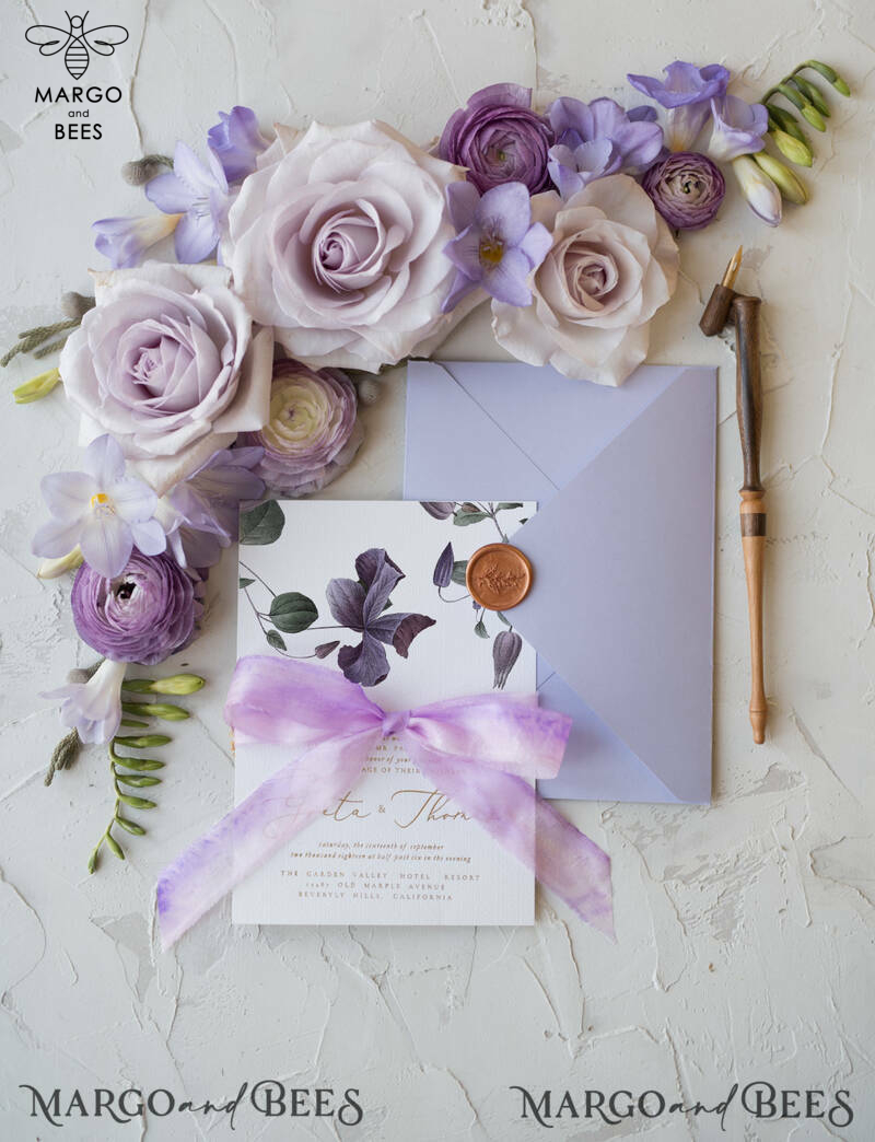 Elegant Personalized Wedding Invitations with Gold letters Romantic Stationery with Clematis and  Handmade  Silk Bow Purple Envelope with Floral Liner-11
