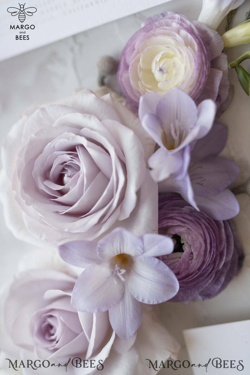 Vintage Floral Wedding Invitations With Purple Ribbon, Elegant Lilac Wedding Invites, Minmalistic Wedding Invitation Suite, Bespoke White Wedding Stationery-16