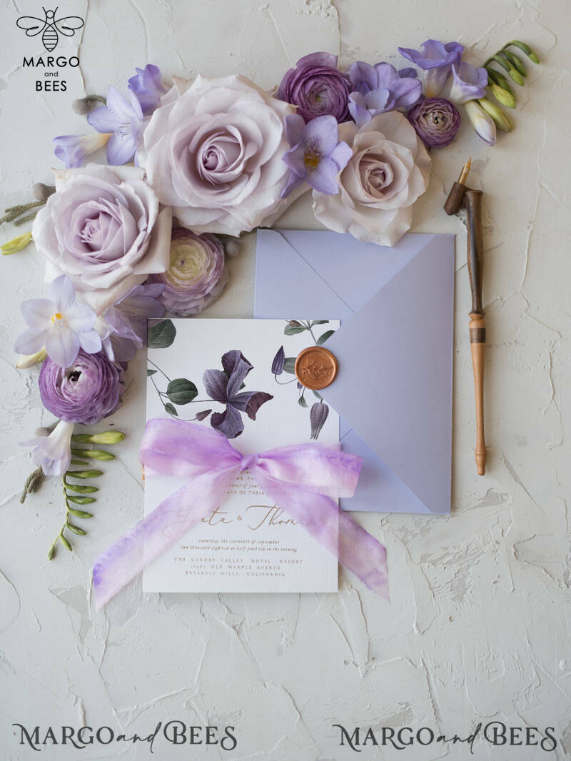 Elegant Personalized Wedding Invitations with Gold letters Romantic Stationery with Clematis and  Handmade  Silk Bow Purple Envelope with Floral Liner-13