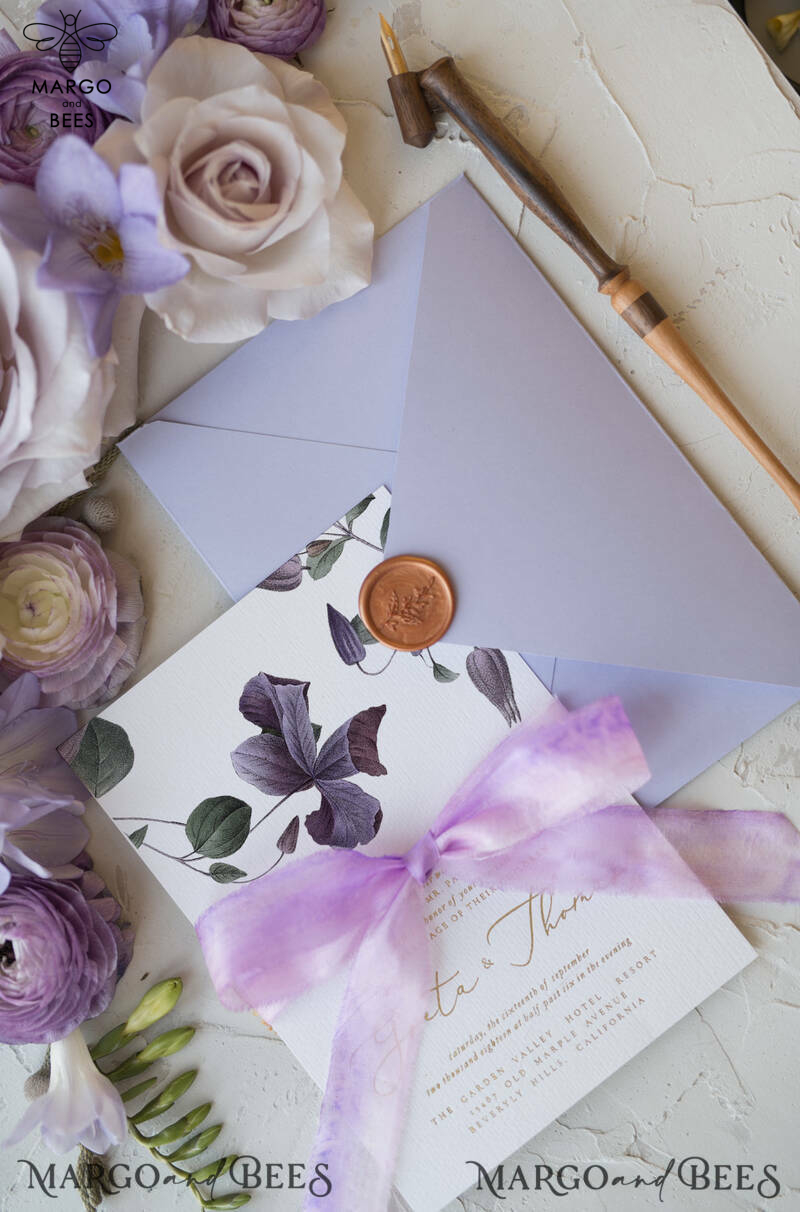 Vintage Floral Wedding Invitations With Purple Ribbon, Elegant Lilac Wedding Invites, Minmalistic Wedding Invitation Suite, Bespoke White Wedding Stationery-14