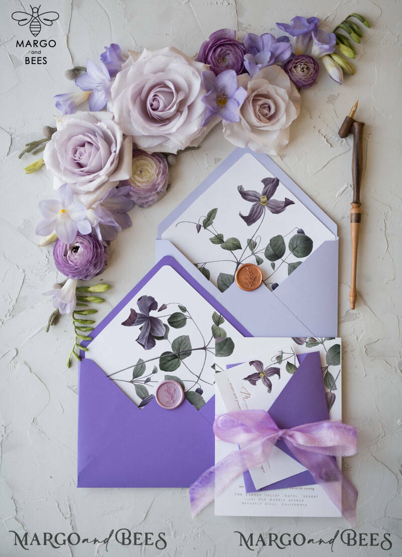 Vintage Floral Wedding Invitations With Purple Ribbon, Elegant Lilac Wedding Invites, Minmalistic Wedding Invitation Suite, Bespoke White Wedding Stationery-5