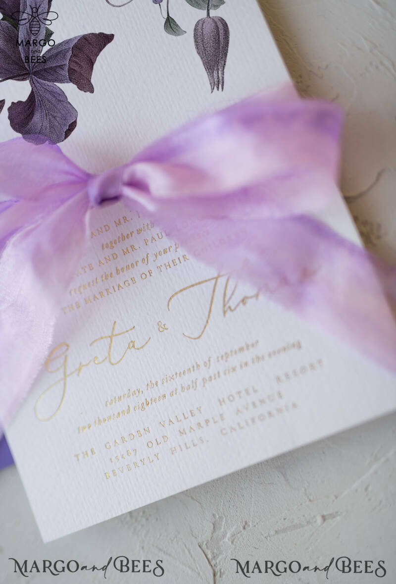 Elegant Personalized Wedding Invitations with Gold letters Romantic Stationery with Clematis and  Handmade  Silk Bow Purple Envelope with Floral Liner-18