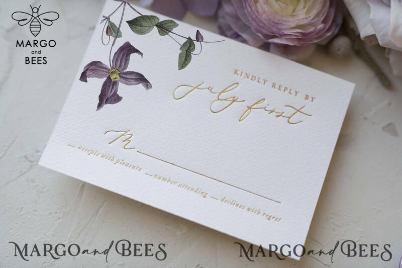 Elegant Personalized Wedding Invitations with Gold letters Romantic Stationery with Clematis and  Handmade  Silk Bow Purple Envelope with Floral Liner-2