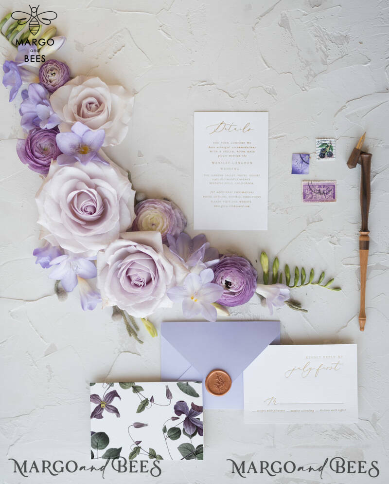 Elegant Personalized Wedding Invitations with Gold letters Romantic Stationery with Clematis and  Handmade  Silk Bow Purple Envelope with Floral Liner-19