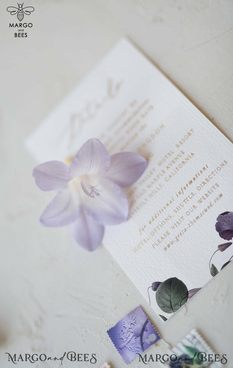 Elegant Personalized Wedding Invitations with Gold letters Romantic Stationery with Clematis and  Handmade  Silk Bow Purple Envelope with Floral Liner-20